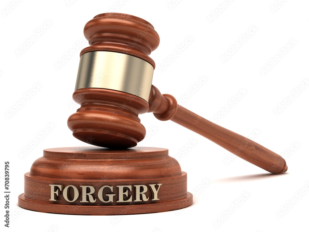 Forgery text on sound block & gavel Forgery text on sound block & gavel