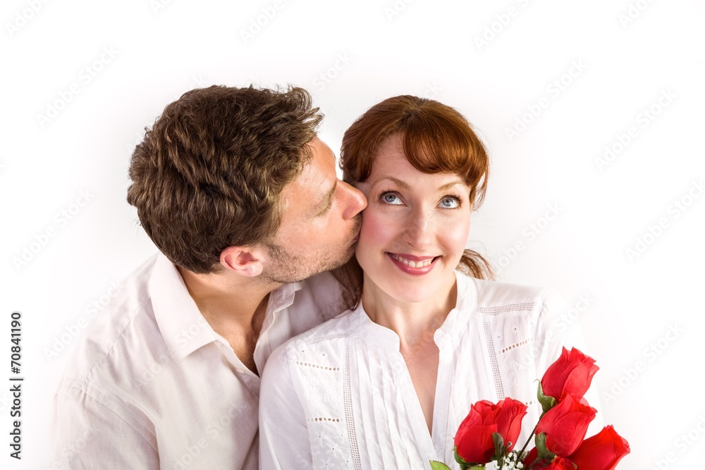 Woman getting roses from man Woman getting roses from man