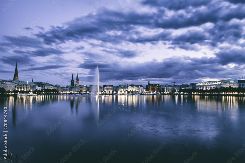 Germany, Hamburg, Inner Alster and Alster fountain in the evening Germany, Hamburg, Inner Alster and Alster fountain in the evening