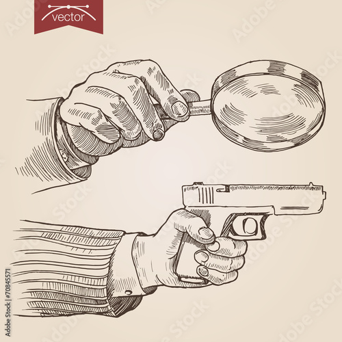 Engraving style hatch vector lineart private detective concept