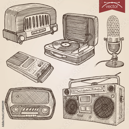 Engraving style hatching vector lineart music audio objects