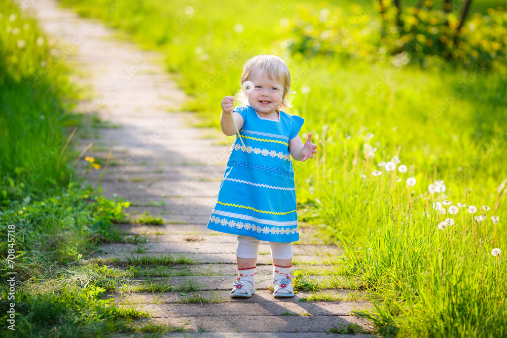 Adorable little girl blowing on white dandelion in the park Adorable little girl blowing on white dandelion in the park