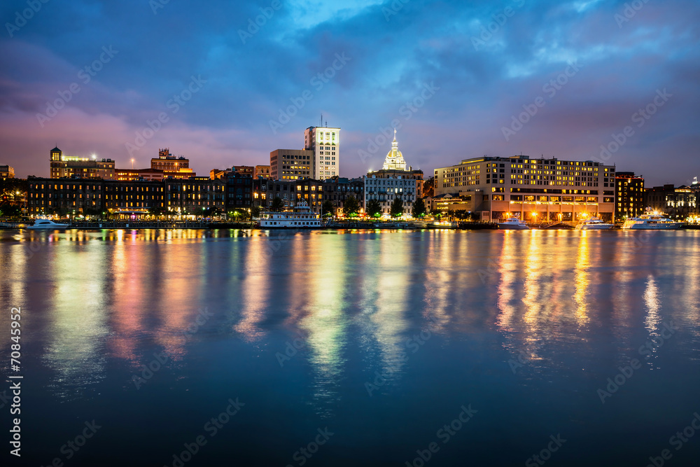 Downtown Savannah , Georgia, along riverfront at night