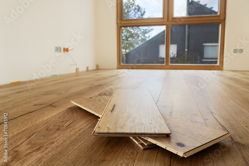 Room with finished oak parquet flooring photo