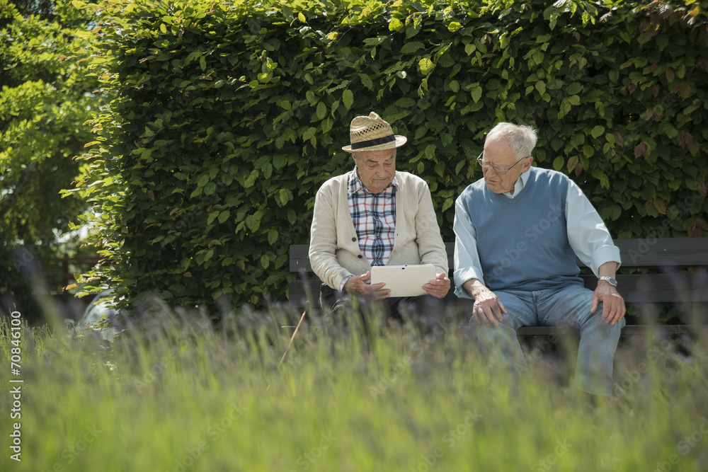 Two old men using tablet computer in the park Two old men using tablet computer in the park