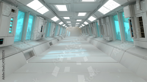 Futuristic corridor interior and city