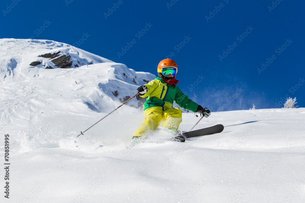 Switzerland, Grisons, Obersaxen, Boy skiing Switzerland, Grisons, Obersaxen, Boy skiing