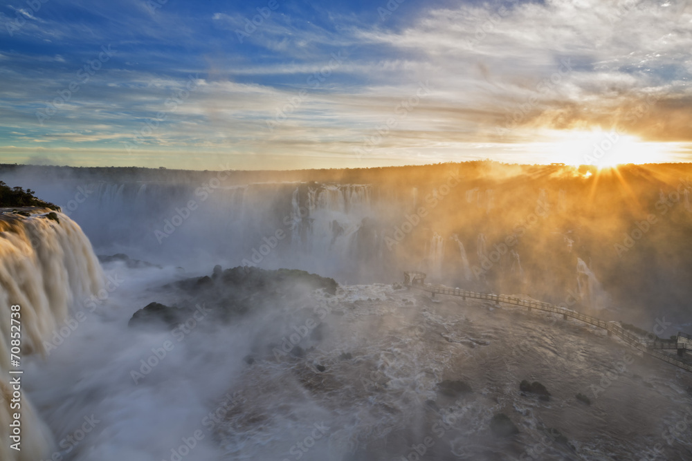 South America, Argentina, Brazil, Iguazu National Park, Iguazu Falls at sunset