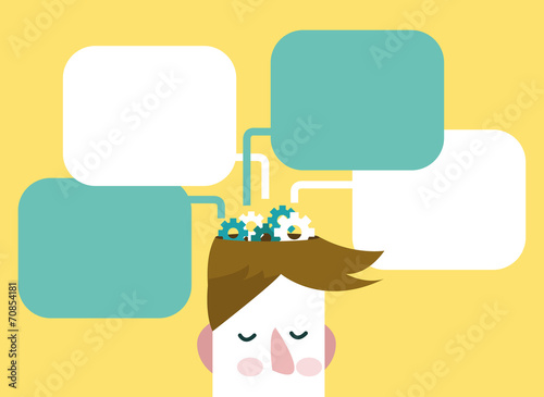 Gears of thoughts. Man with thinking bubbles.  flat vector