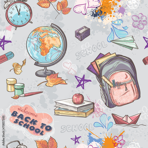 school theme with the image of a backpack, globe, paint