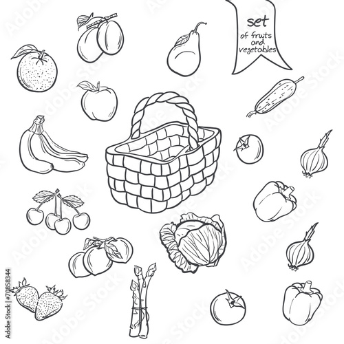 Set of fruits and vegetables with a basket in black contour