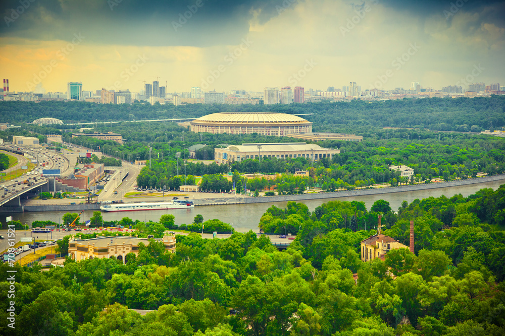 Moscow River, Luzhniki sports complex. Photo toned in yellow