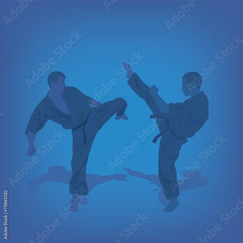 Two men are engaged in karate on a blue background.