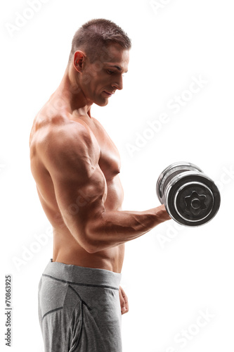 Shirtless bodybuilder exercising with a weight