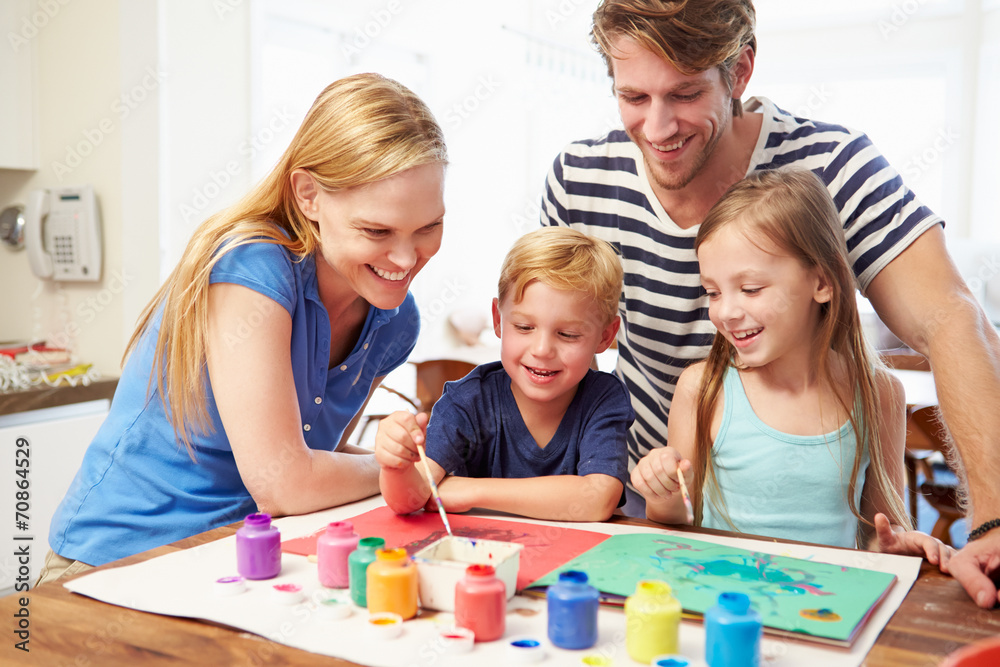 Parents Painting Picture With Children At Home Parents Painting Picture With Children At Home