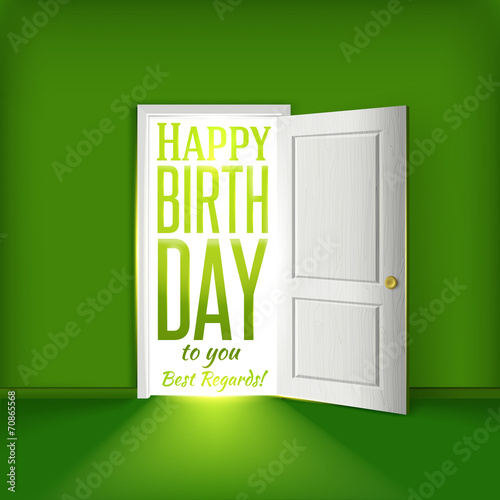 Happy birthday green room card concept with open door