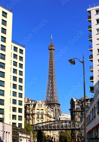 View on Eiffel Tower on urban street in Paris  France