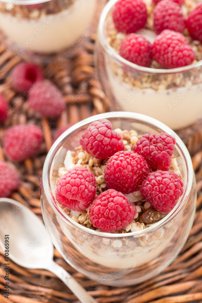 Yogurt with muesli and fresh raspberries Yogurt with muesli and fresh raspberries