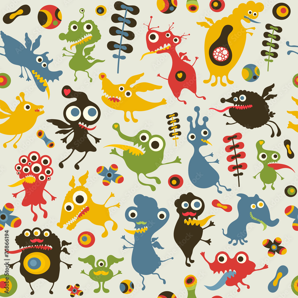 Colorful seamless pattern with happy monsters.
