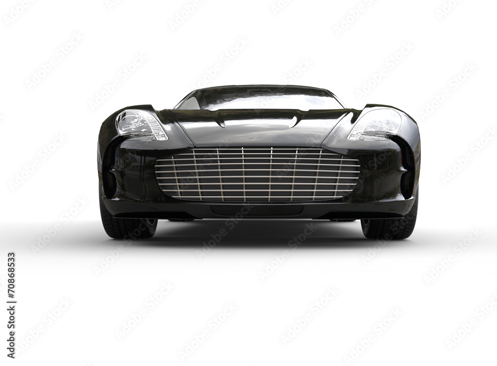 Black luxury sports car on white background. Front view.