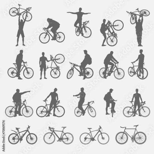 Silhouettes of cyclists and bicycles