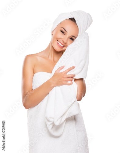 beautiful woman handle towel, after bath,  isolated on white bac