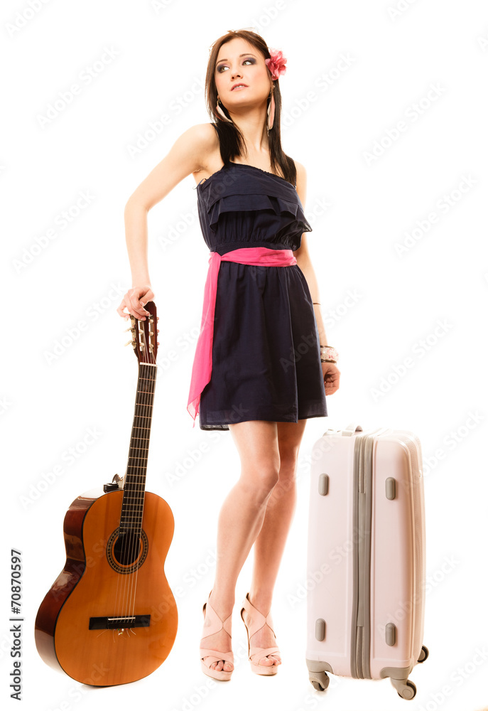 Music lover, summer girl with guitar and suitcase Music lover, summer girl with guitar and suitcase