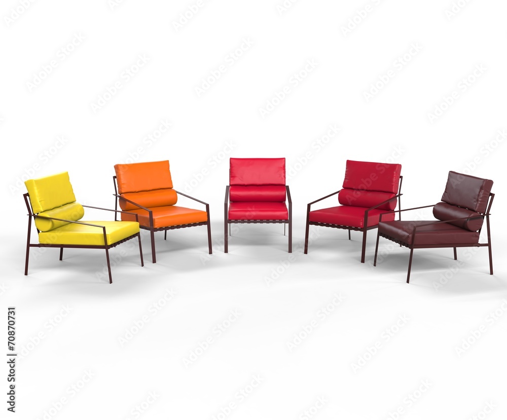 Armchairs in warm colors on white background Armchairs in warm colors on white background