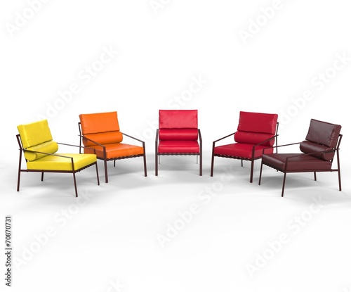 Armchairs in warm colors on white background