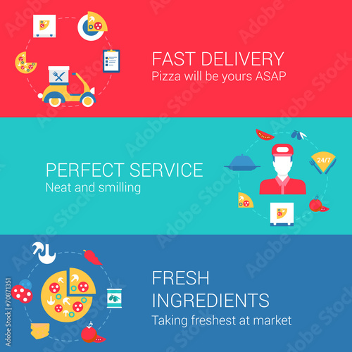 Pizza cook and delivery infographics concept flat icons set