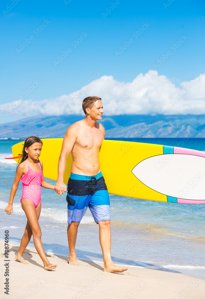 Father and Duagher on the Beach Going Surfing
