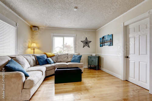 Living room with beige sofa and blue pillows