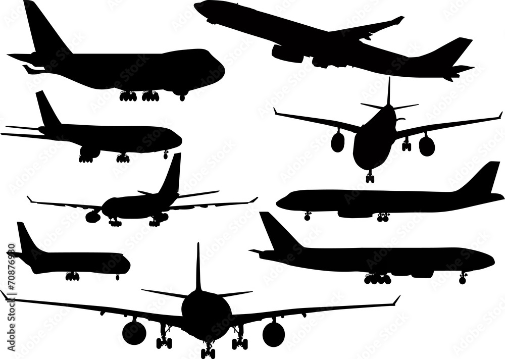 nine black airplanes collection isolated on white