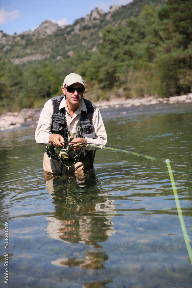 Closeup of fisherman fly fishing in freshwater river Closeup of fisherman fly fishing in freshwater river