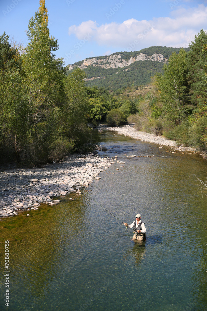 Upper view of fly fisherman fly-fishing in river