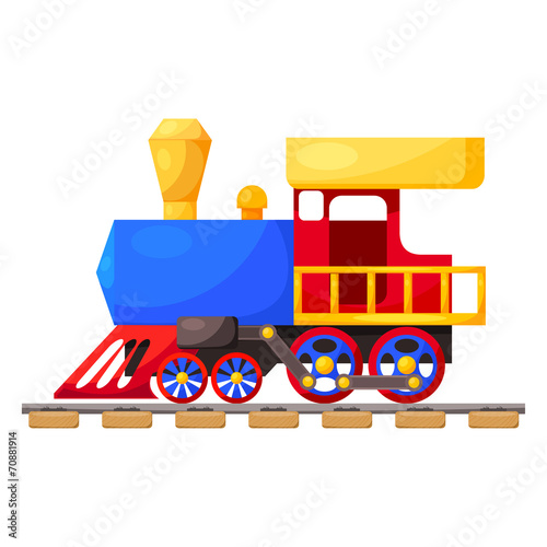 Red blue train on the railroad isolated on white background. Car