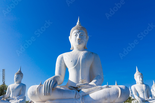 raw of white buddha status on blue sky background photo