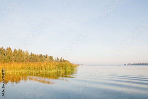 Рассвет на озере осенью. Деревья в желтой листве