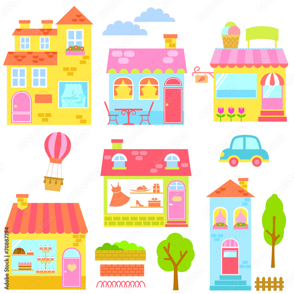 collection of colorful houses, shops and other urban elements