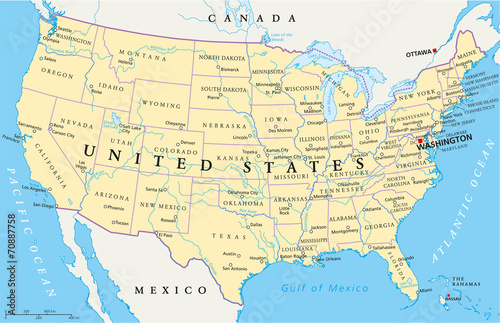 Obraz na plátně United States of America Political Map with single states