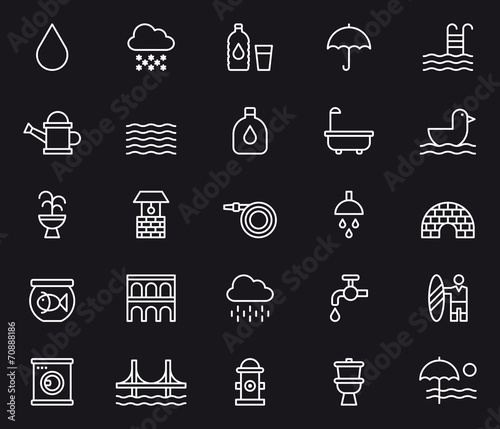 Set of white outlined icons in a black background related to Water