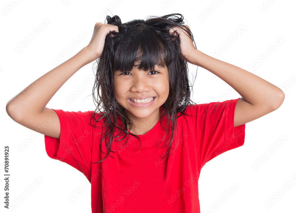 Stressed out young Asian girl over white background Stressed out young Asian girl over white background