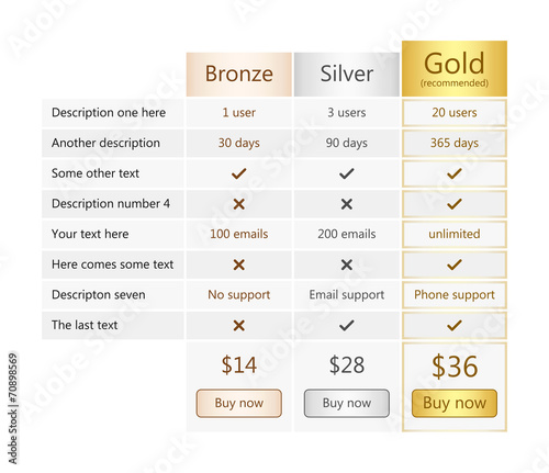 Pricing table with bronze, silver and gold plan