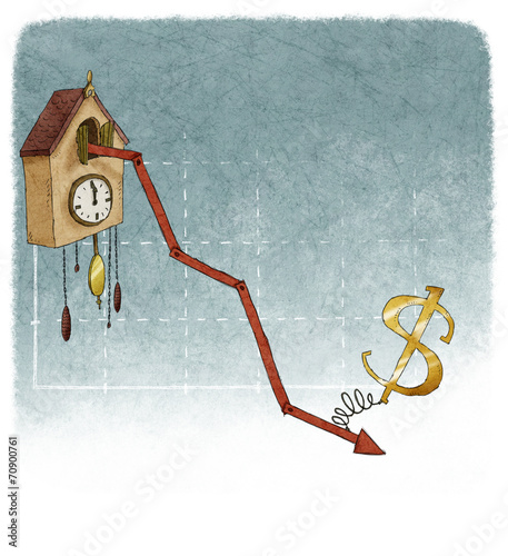 Dollar on financial graph cuckoo clock with negative results