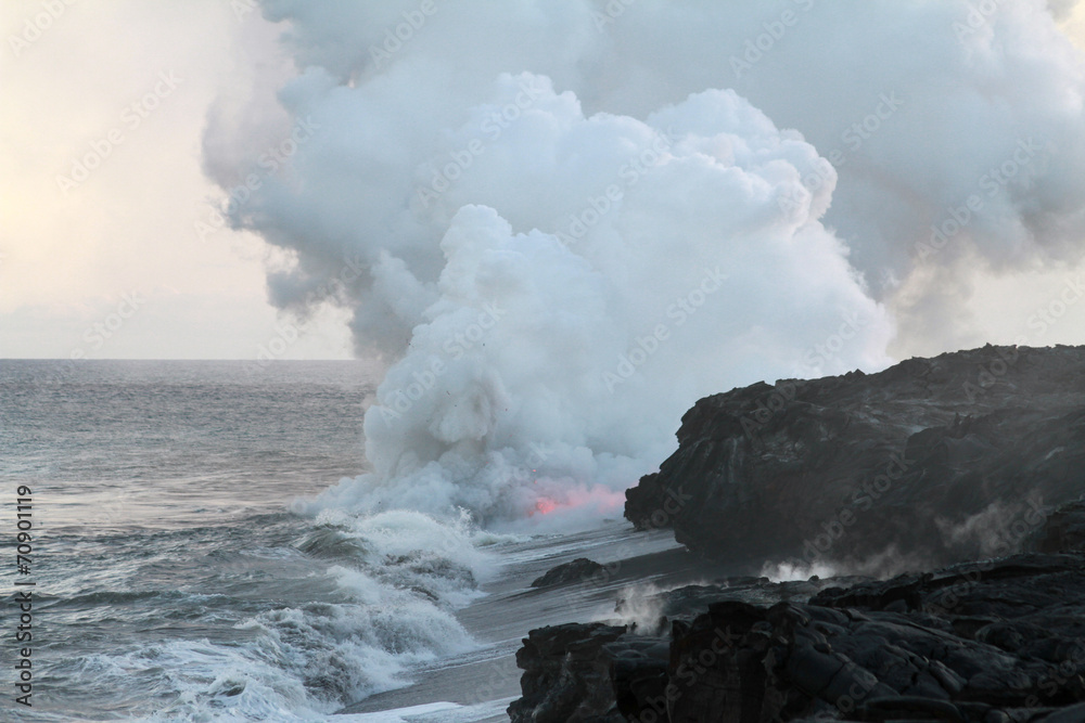 Fototapeta premium Glowing Lava and Steam in Ocean