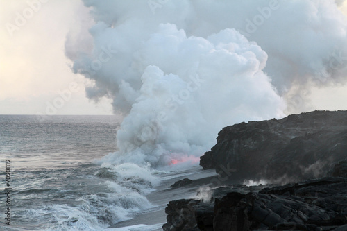 Glowing Lava and Steam in Ocean