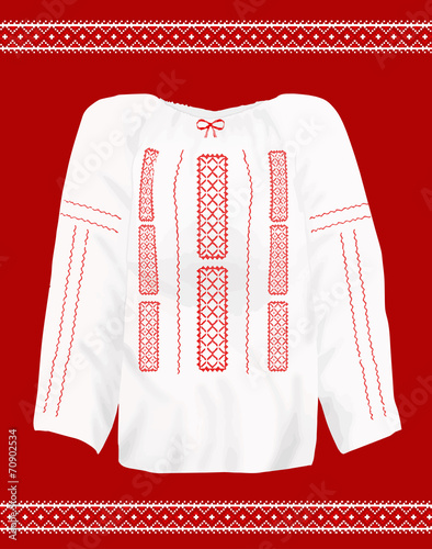 Romanian traditional blouse called ie on red background