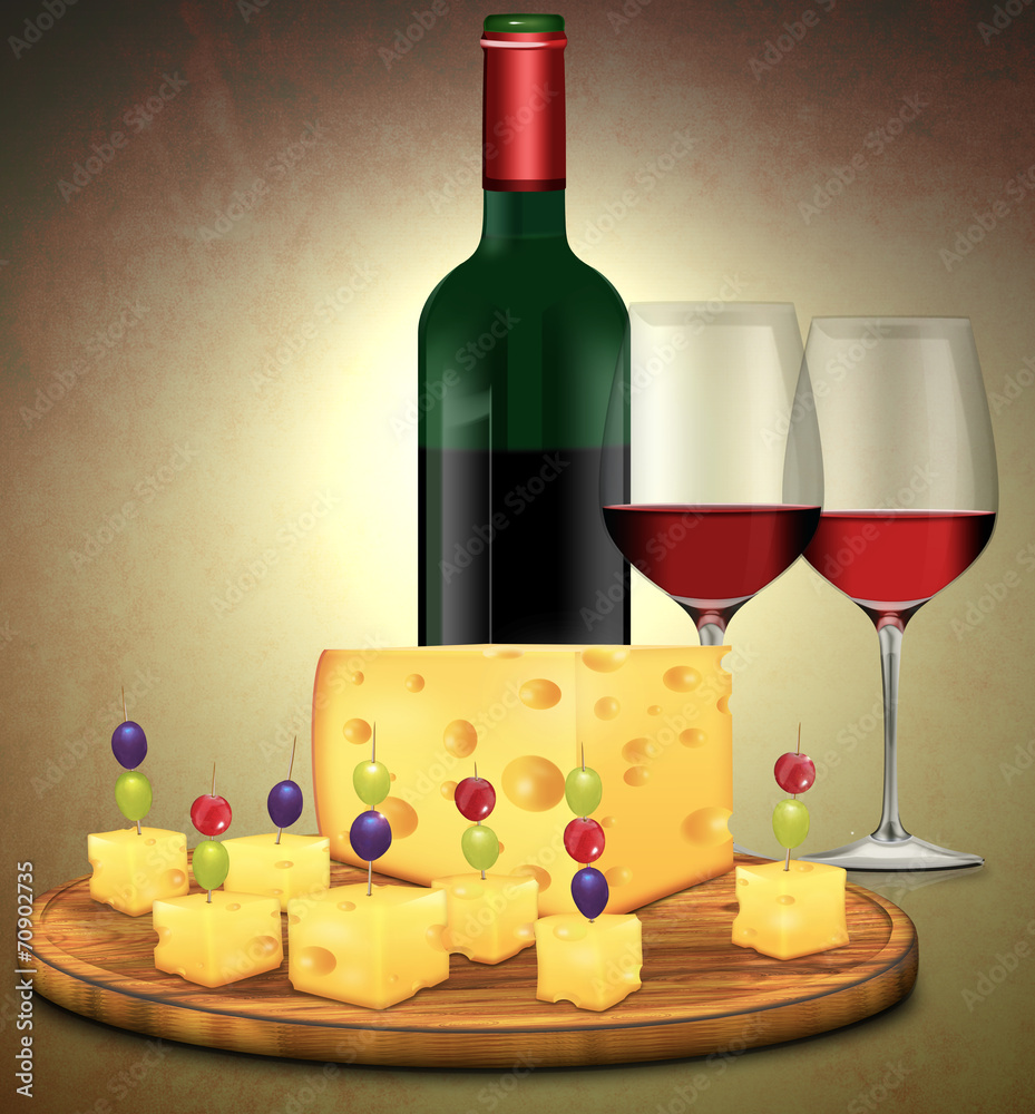 bunte Käseplatte mit Rotwein Stock-Illustration | Adobe Stock