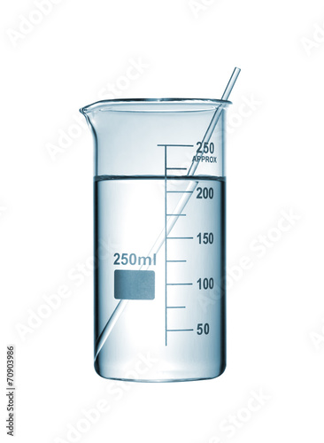 Chemical beaker with a solution and stirring rod on white backgr