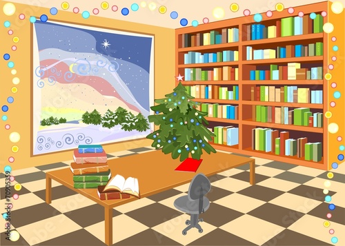 Interior of the library with Christmas tree